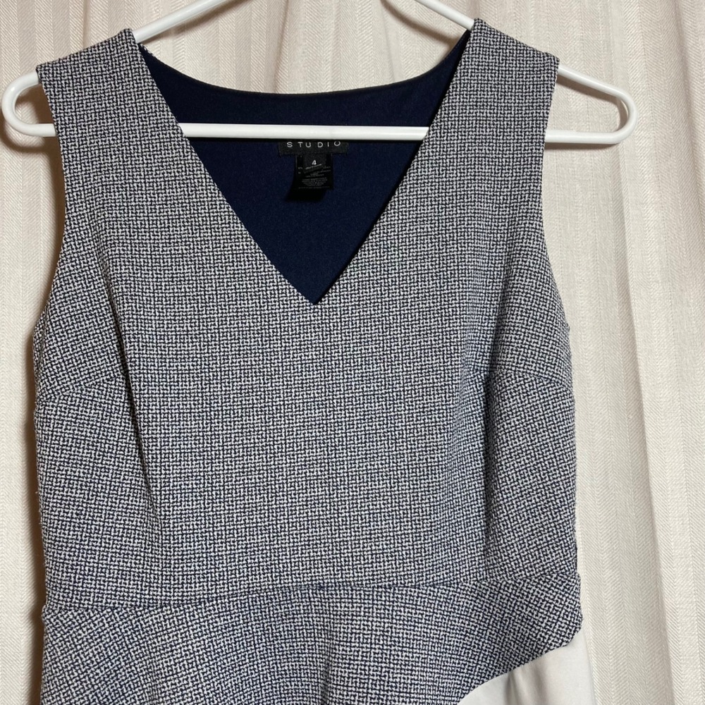 Geometric Enfocus Studio Womens Navy White Colorblock Handkerchief Hem Dress 4 - Picture 5 of 8